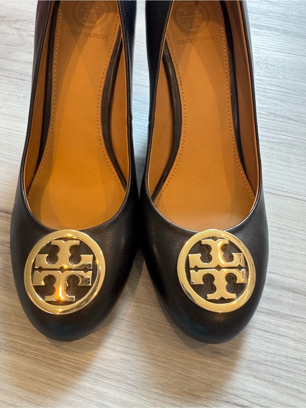 Tory Burch Black Leather Wedges with Gold Logo